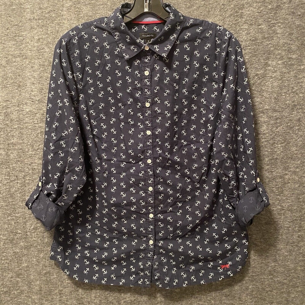 Talbots Top Womens 10 Navy Blue Anchor Print Roll Tab Sleeve Button Up Shirt